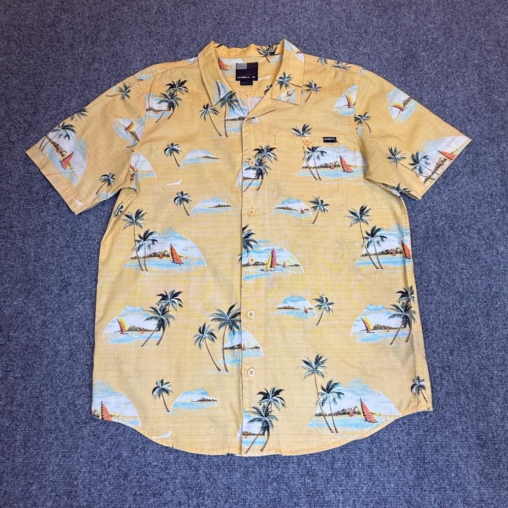O'Neill Mens Yellow Tropical Palm Tree Sailboat Cotton Button Down Shirt Small